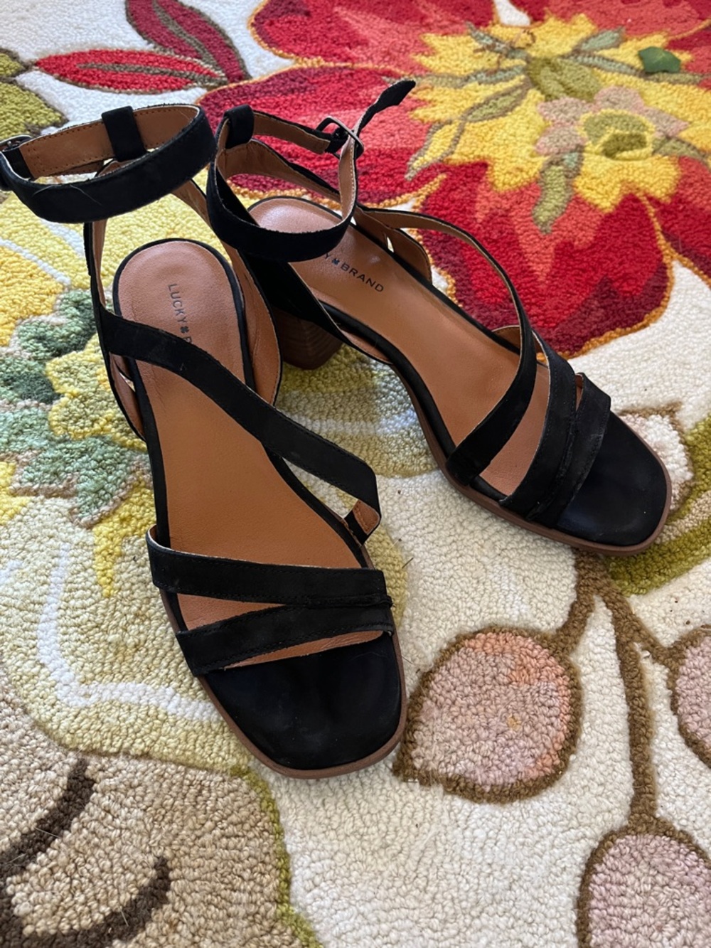 Lucky Brand Black Strappy Ankle Strap Block Heel Sandals